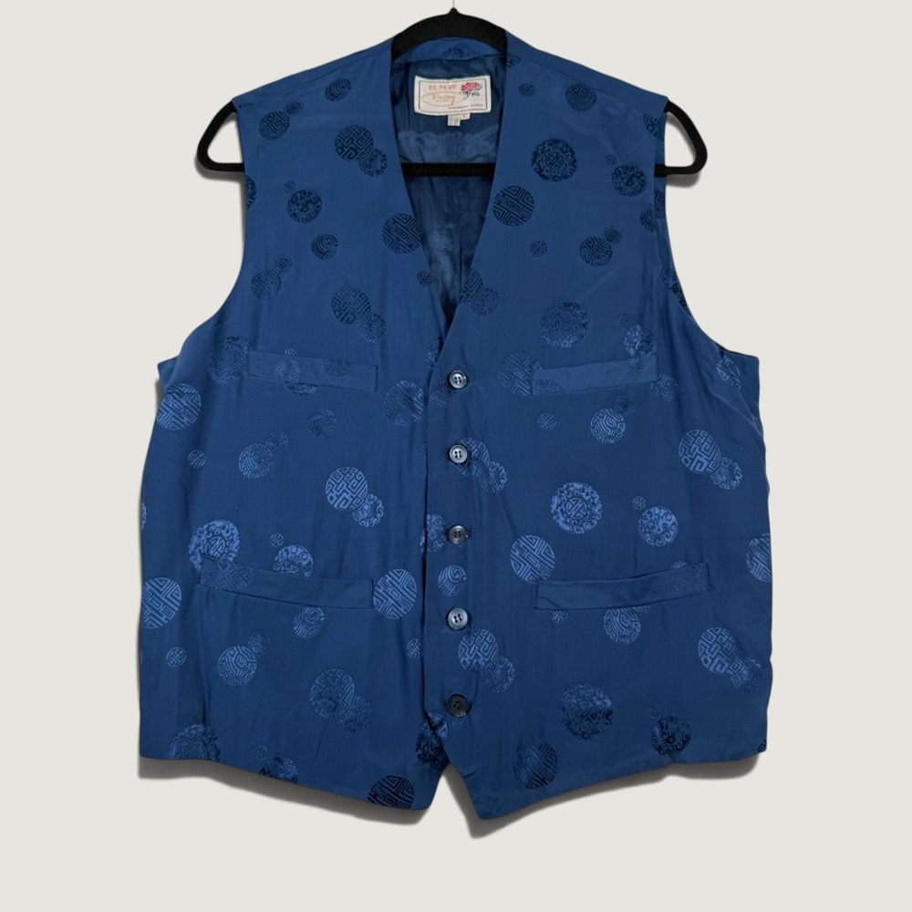 Peony Brand Shanghai China Vintage Blue Silk Medallion Jacquard Vest Large